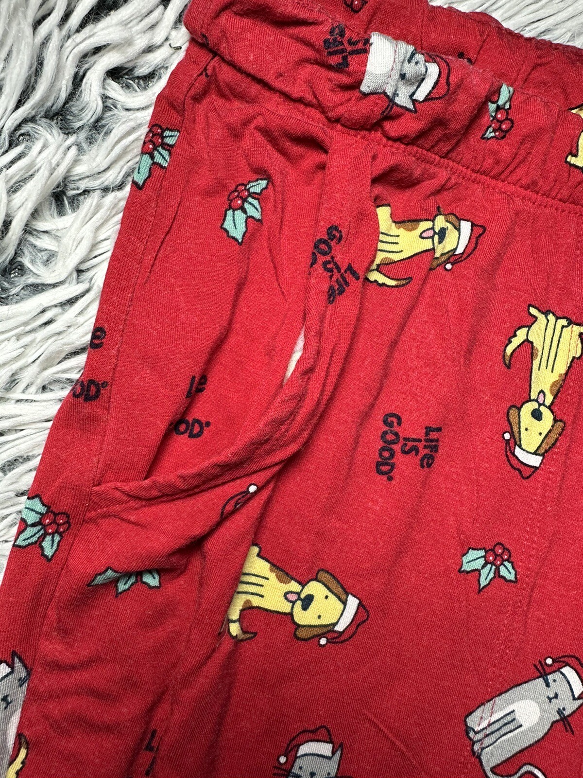 Life Is Good Pajama Pants Medium Womens Red Dogs Cats Christmas
