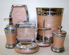 8 PC SET HANDMADE CHROME+PINK SOAP,LOTION DISPENSER+TRASH+TISSUE BOX+JAR w/LID