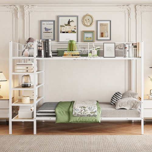 Twin Over Full Metal Bunk Bed with 5-Tier Shelves, White - Picture 2 of 12