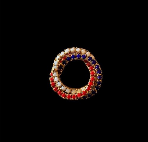 VINTAGE Patriotic Circle Rhinestone Glass Pin Red White Blue Gold Tone Prong Set