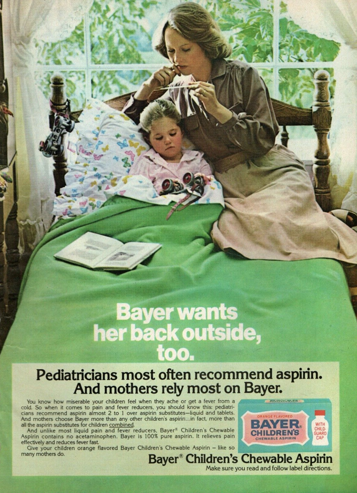 vtg 70s BAYER CHILDREN'S CHEWABLE ASPIRIN MAGAZINE PRINT AD Mom Daughter Pinup