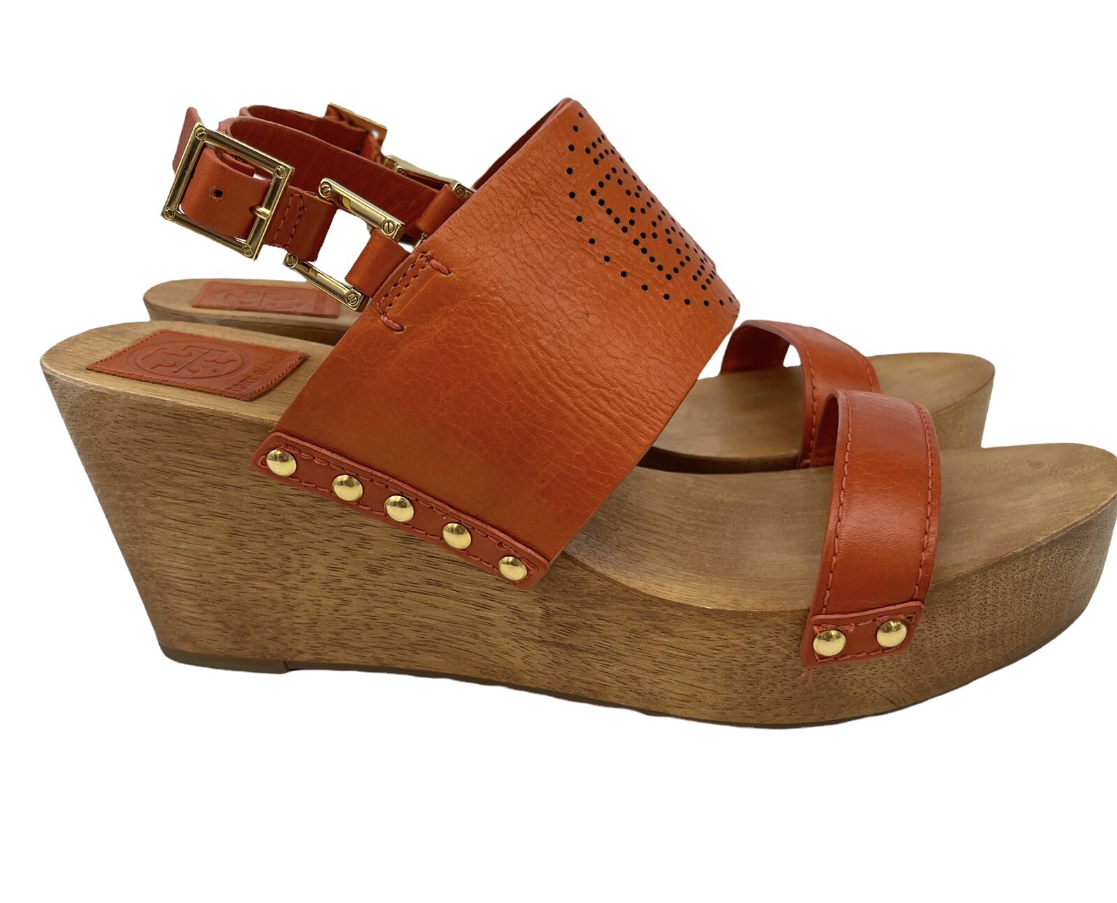 Tory Burch Wood Wedge Orange Platforms Sandals Gold B… Gem