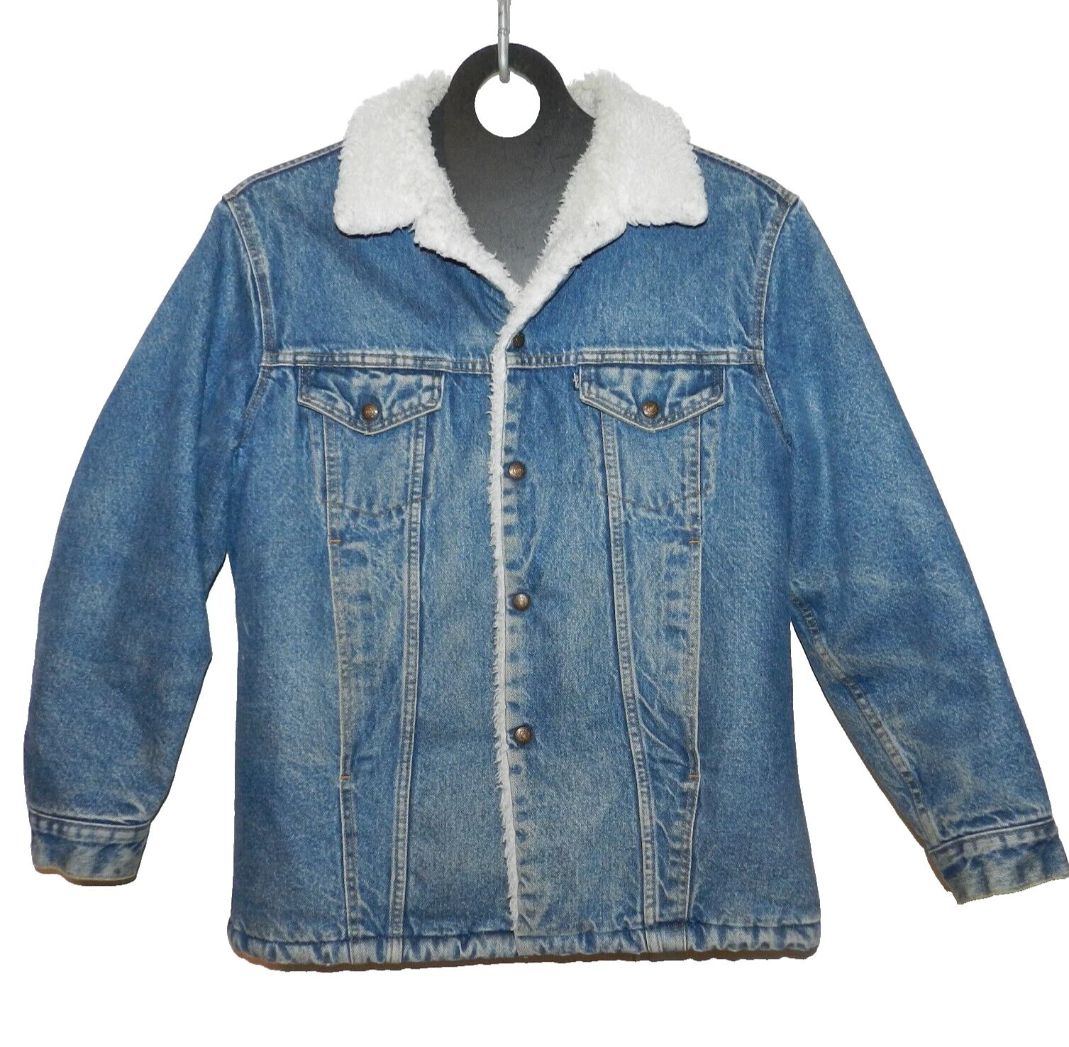 Vintage Levis Denim Trucker Jacket Mens M Made in USA Sherpa Lined Distressed