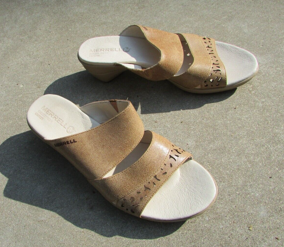 MERRELL Select Fresh Air Cushioin avena pelle paglia punta aperta slide sandalo taglia 9