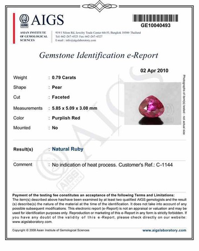 Rubí Mozambique Certificado AIGS 0,79 quilates Natural Sin Tratar Rojo Púrpura - Imagen 3 de 3