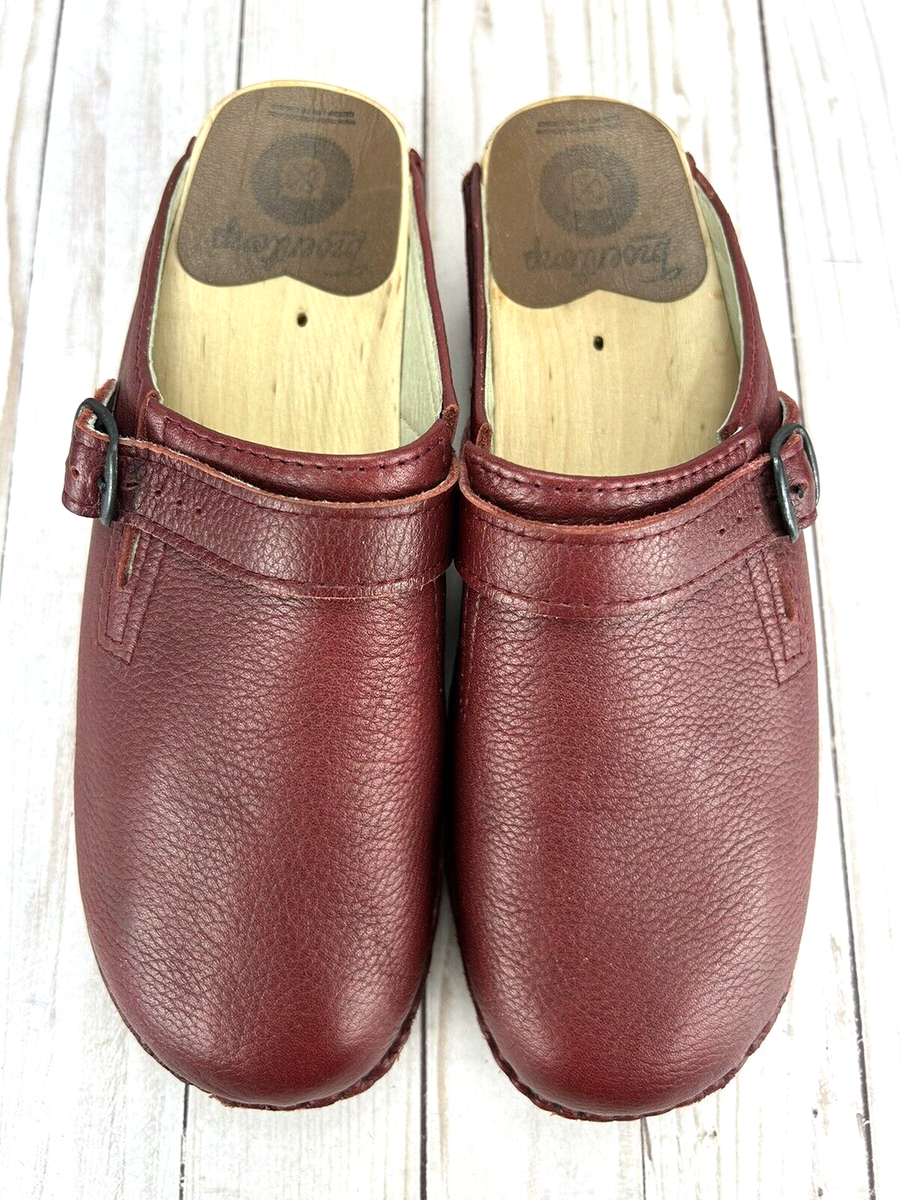 Troentorp Rapael Wood Clogs Mule Slip On Buckle Burgundy Leather Womens  Size 40