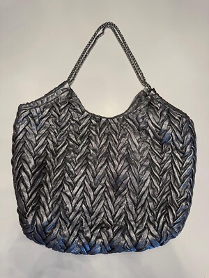 Elie Tahari Beverly silver quilted braided leather tote shoulder bag