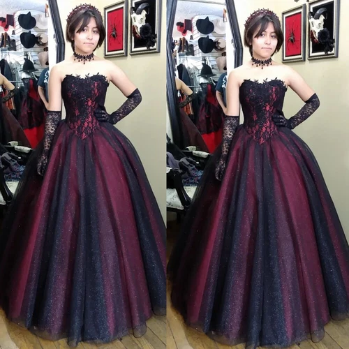 Gothic Black and Red Wedding Dresses Sweetheart Backless Tulle Bridal Ball Gown - Picture 1 of 9