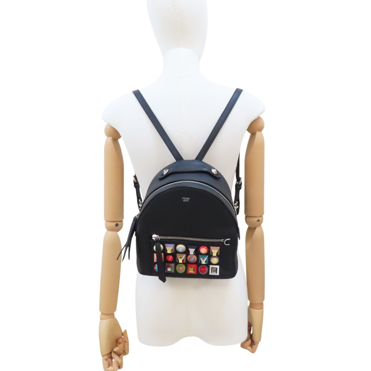 FENDI Vitello Dolce Studded Mini Backpack Black Multicolor FENDI Vitello Dolce Studded Mini Backpack Black Multicolor