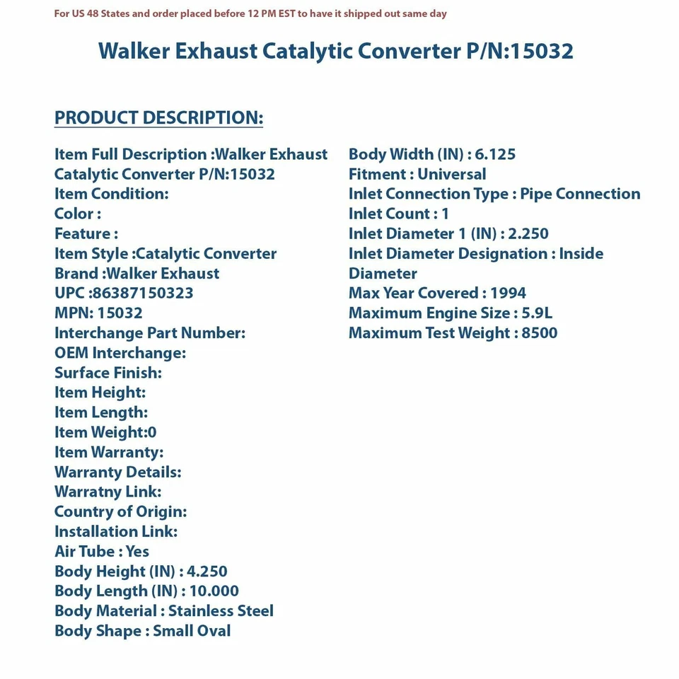 Walker Exhaust Catalytic Converter 15032 | High-Quality Auto Part, Universal Fit - Image 4 of 4