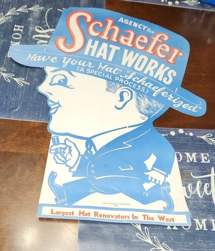 VINTAGE ADVERTISING SIGN- 1923 SCHAEFER HAT WORKS SIGN- LOS ANGELES- VINTAGE HAT - Picture 4 of 9