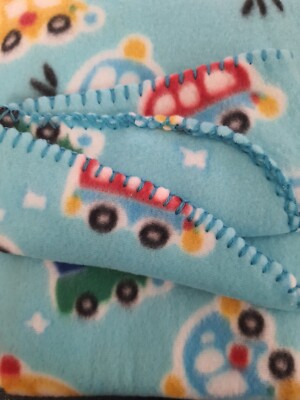 Baby Connection ? VTG Fleece Baby Blanket traffic cars trucks blue STITCHES TRIM