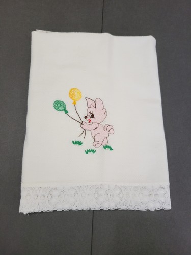 Vintage Mid Century Woven Cotton Baby Blanket White Lace Trim Teddy Bear 30"x36" - Picture 8 of 12