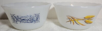 Scalloped Custard Dessert 2 Bowls/Cups FireKing Milk Glass wheat horse carriage 