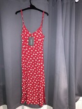 Size 6 Prettylittlething Red Floral Print Jersey Split Cami MIDI Dress