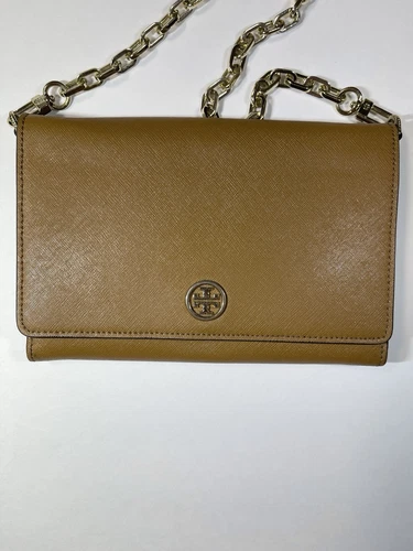 Portafoglio TORY BURCH Robinson catena tracolla pelle marrone donna