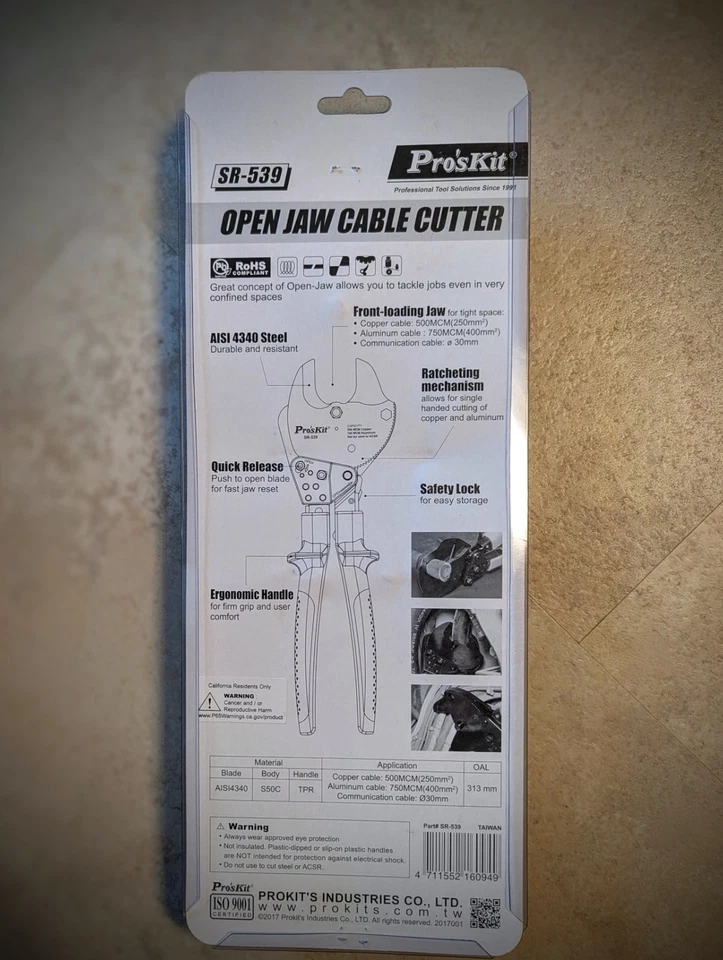Open Jaw Ratchet Cable Cutter - Pro'sKit SR-539 500MCM Copper, 750 MCM Aluminum - Image 2 of 3