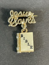 Vtg Jesus Saves Bible Gold Tone Lapel Pin