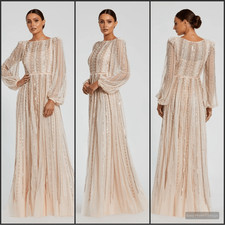 MAC DUGGAL 94081 Pink Boat Neck Long Sleeve Gown With Striped Beading 8