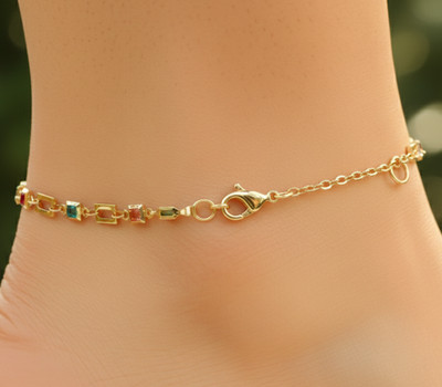 Elegant 18K Gold Color Brass Anklet Multi-Color Square CZ Designer Anklet