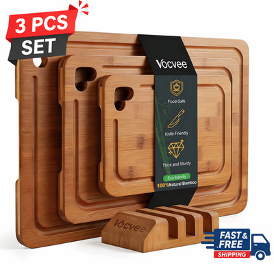 Bamboo Cutting Board Set of 3 with Holder Juice Groove Kitchen Chopping Boards
