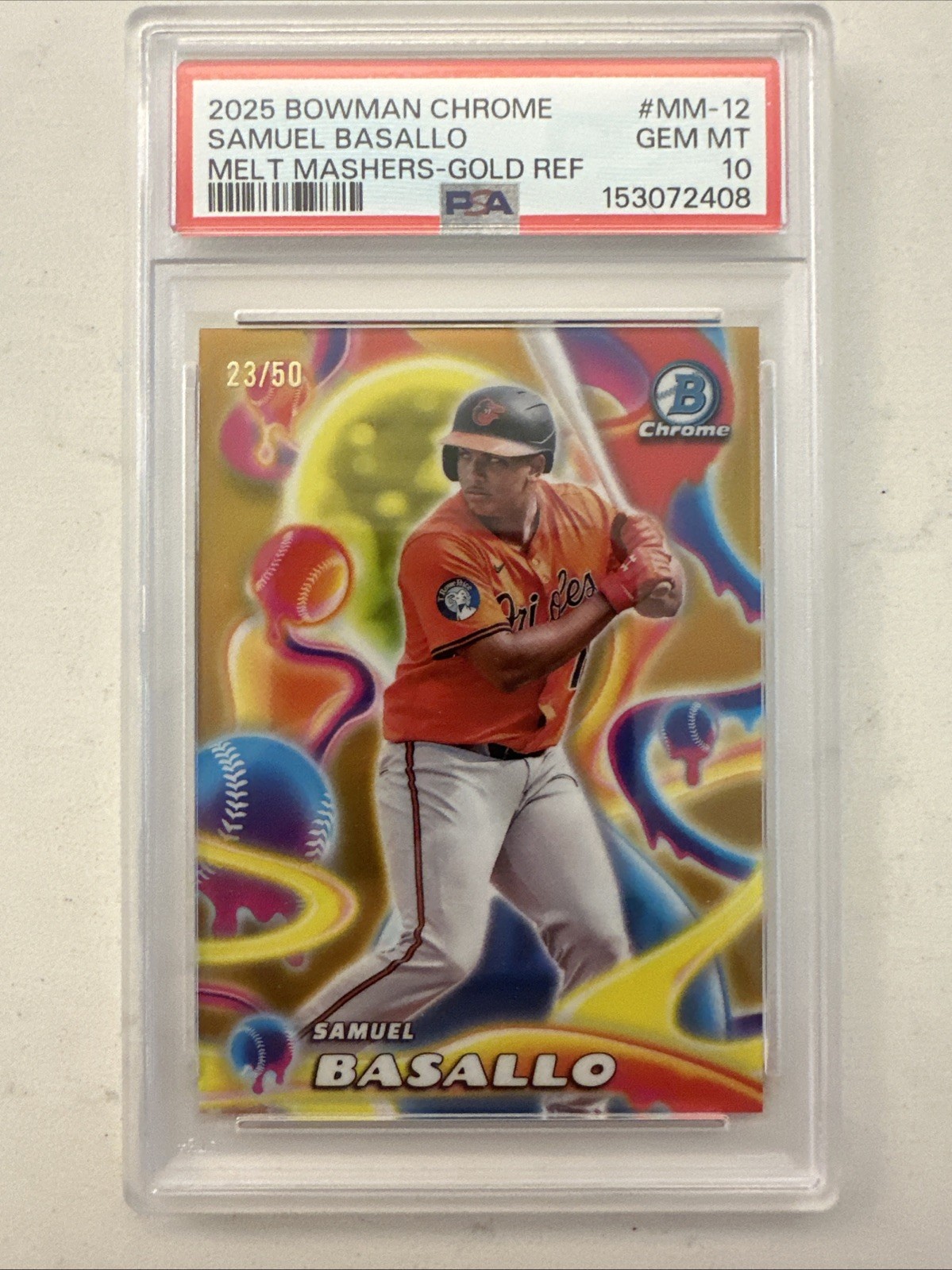 2025 Bowman Chrome Melt Mashers Gold #/50 Samuel Basallo #MM-12 PSA 10 RC Os SP