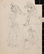 Herbert W. Hoedt figures grotesque humor study unique pencil drawing 20th century