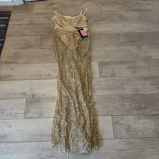 PrettyLittleThing Gold Sequin Mesh Maxi Dress Size US 6 Glitter Bodycon Party