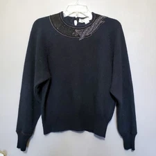 White Wheeler & Martha Sweater Size Medium Black Lambswool Angora Embellished