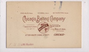 1898 Antique Business Card Chicago Belting Co Made Motorcycle V Cyclecar Belts