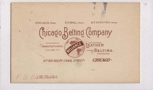 1898 Antique Business Card Chicago Belting Co Made Motorcycle V Cyclecar Belts