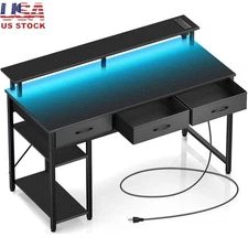 Computer Desk W/ Power Outlet USB RGB LED Lights Drawers Gaming Workstation