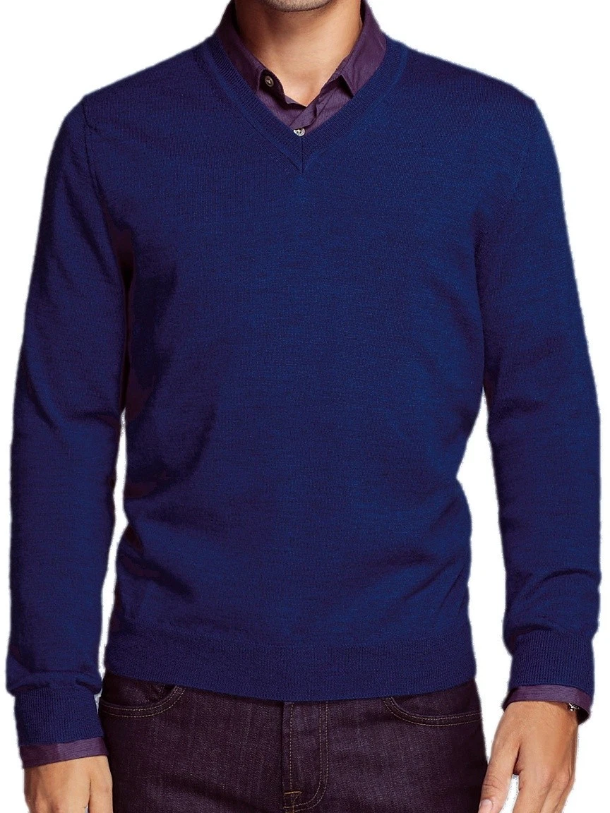 Baruffa Mens V-Neck Sweater S Steel Blue 100% Merino Wool Heather Knit Pullover