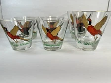 Vintage Hazel Atlas Pheasant Bar Drink  Glasses Gold Rim 6 Set  2-10oz, 4-8oz