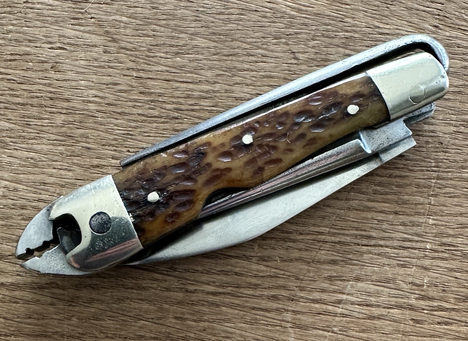 Antique Vintage Oscar Barnett HHH Stag Bone Handle Plier Tool Pocket Knife