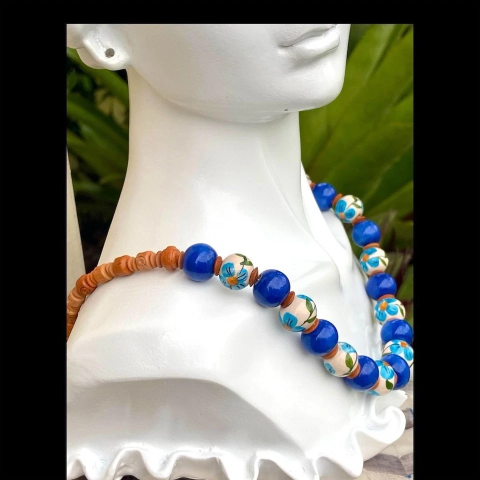 Ручной работы винтажный синий цветочный ожерелье и стеклянные браслеты ювелирный набор 925 - Изображение 3 из 4