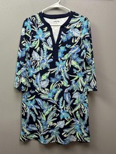 Lands End Dress Womens XS Navy Blue Floral 3/4 Sleeve Shift Tunic Nylon Spandex