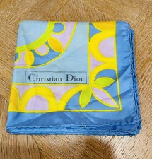Vintage Mid Century Christian Dior Square Silk Scarf Made in Italy Blues Yellow