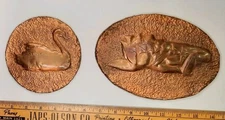 Lot x2 Vintage Hammered Copper Metal Stamping Wall Decor Plaque Hanging MCM Swan