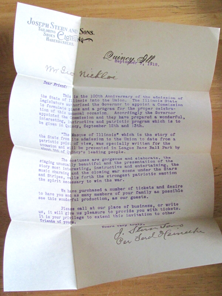 1918 J STERN CLOTHING QUINCY IL LETTER PLAY THE MASQUE OF ILLINOIS 100 YEARS eBay
