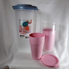 Plastic Pitcher 2 Quart w/ Lid and 6 Cups Pink w/Cup holder