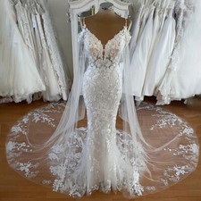 Mermaid Lace Wedding Dress with Cape Spaghetti Strap Sleeveless Bride Gown Train