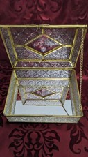 Vintage 1980s Brass  Embossed Glass Jewelry Trinket Box With Etched Lid