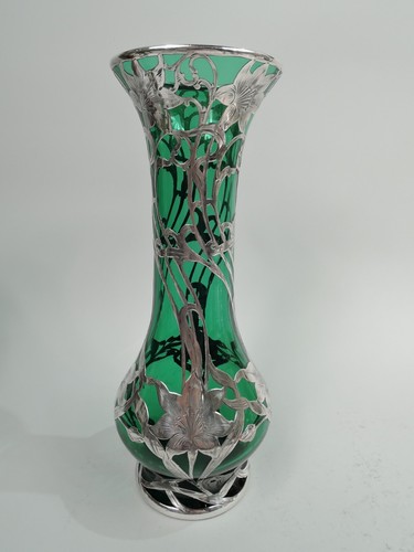 Alvin Vase G3219/6 Antique Art Nouveau Tall American Green Glass Silver Overlay - Bild 2 von 8