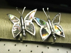 Vintage Sterling Silver Mexico Mother of Pearl Butterfly Screw Back Earrings 925
