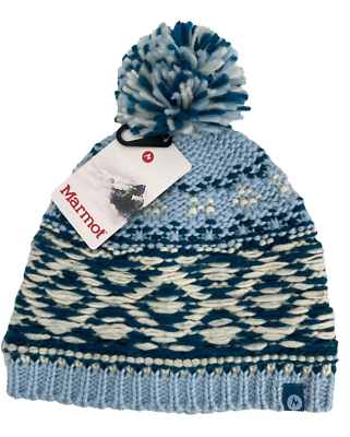 NEW Marmot Tashina 14680 Iceberg Blue & White Knit Pom Pom Hat