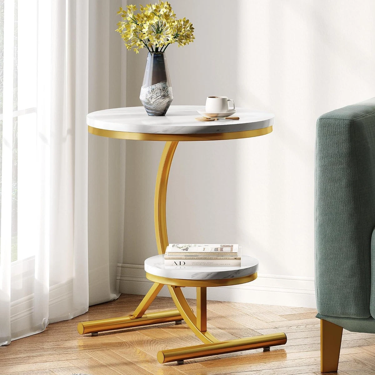 Round Side Table 2 Tier Faux White Marble C Shaped Gold Metal