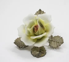 VTG Porcelain Yellow Rose Figure On Brass Leaves Stand