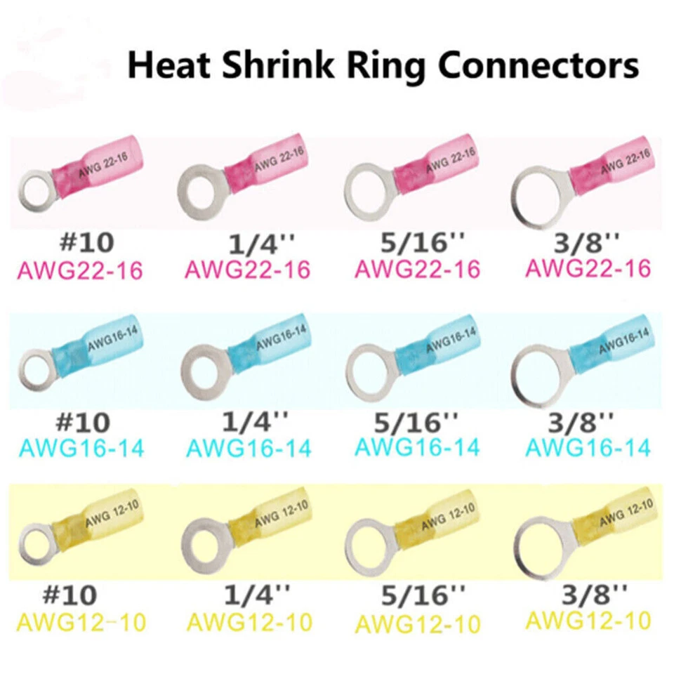 50-300X Heat Shrink Ring Terminals Wire Crimp Connectors Set #10 1/4"3/8'' 5/16" - Image 3 of 4