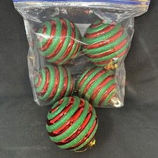 5 Shiny Red  Green Stripes Large 4" Round Unbreakable Christmas Ball Ornaments